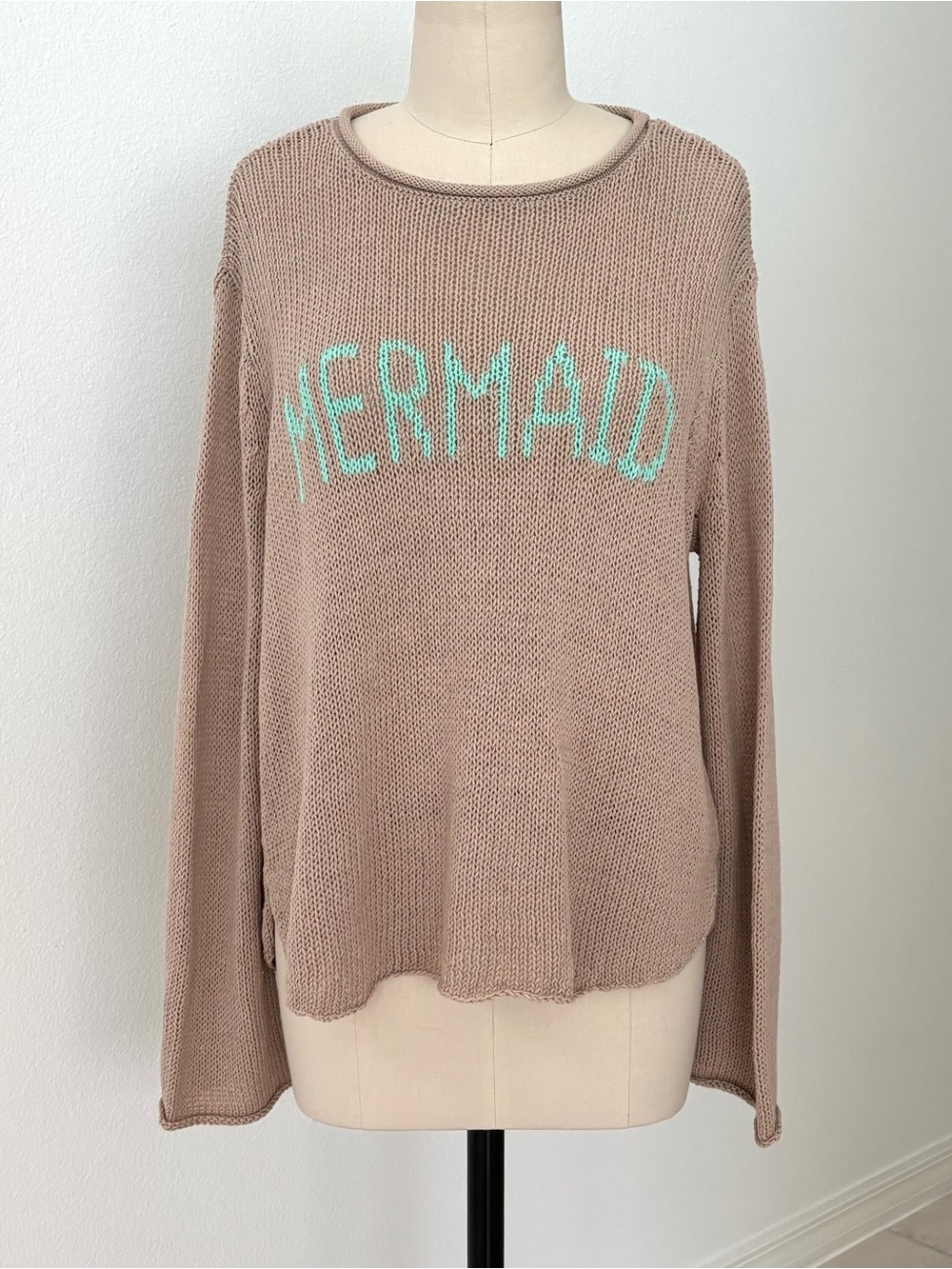 Wooden Ships Graphic ‘MERMAID’ Sweater NWT khaki Aqua Cotton Blend Crew Neck M/L